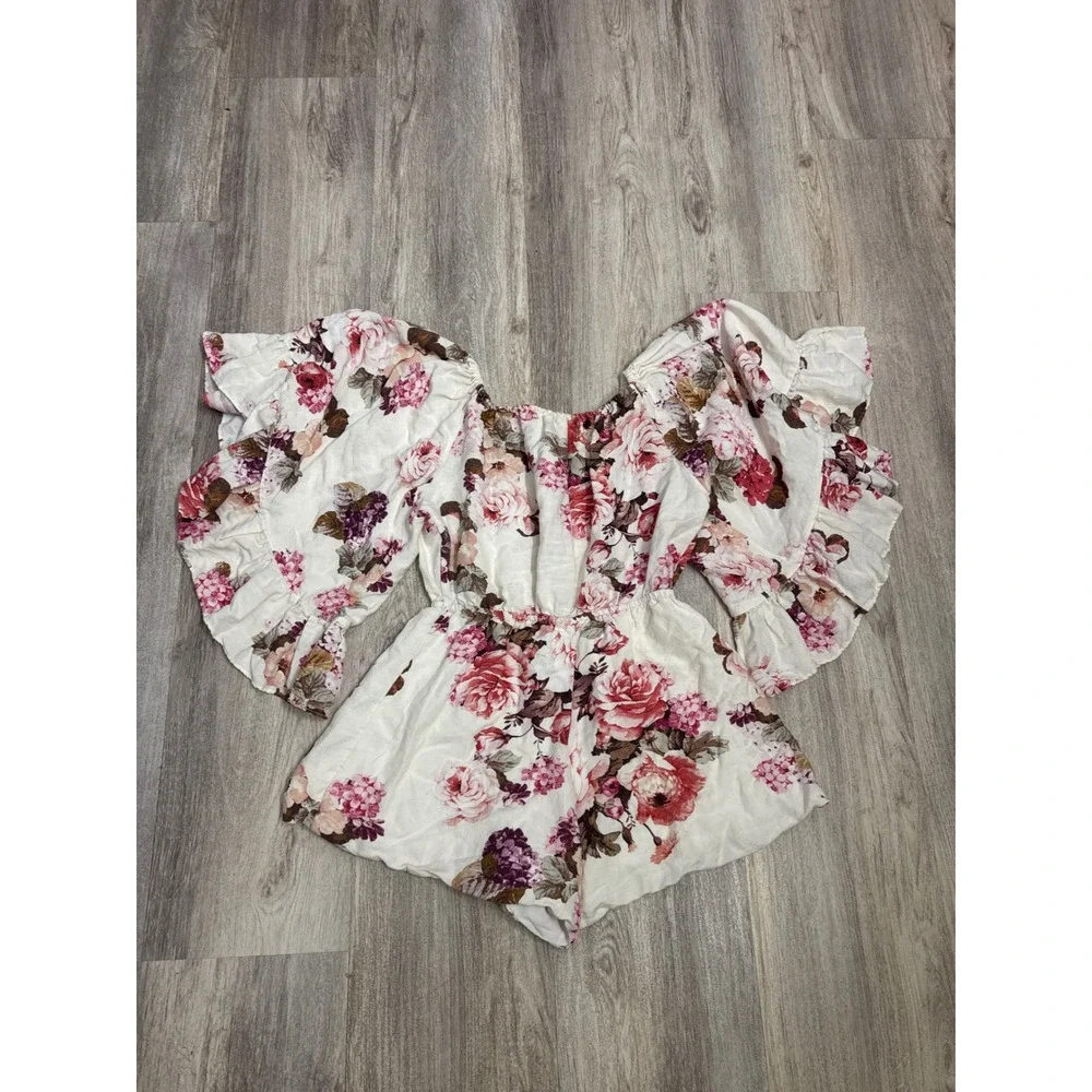 LPA‎ Revolve Floral Linen Romper Off Shoulder Ruffle Bell Sleeve White Small